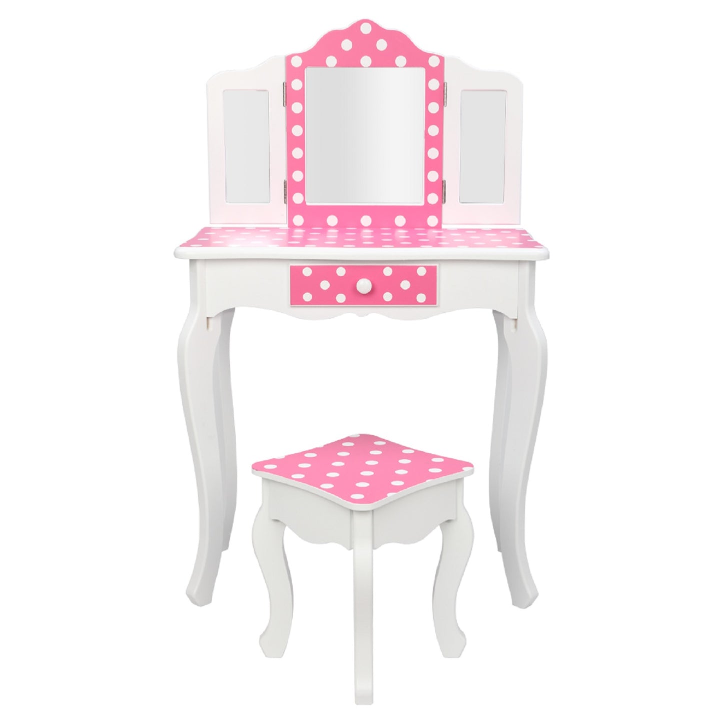Smuxee Wood Kids Small White Vanity Set for Girls with 3-Fold Mirror,Child Makeup Table