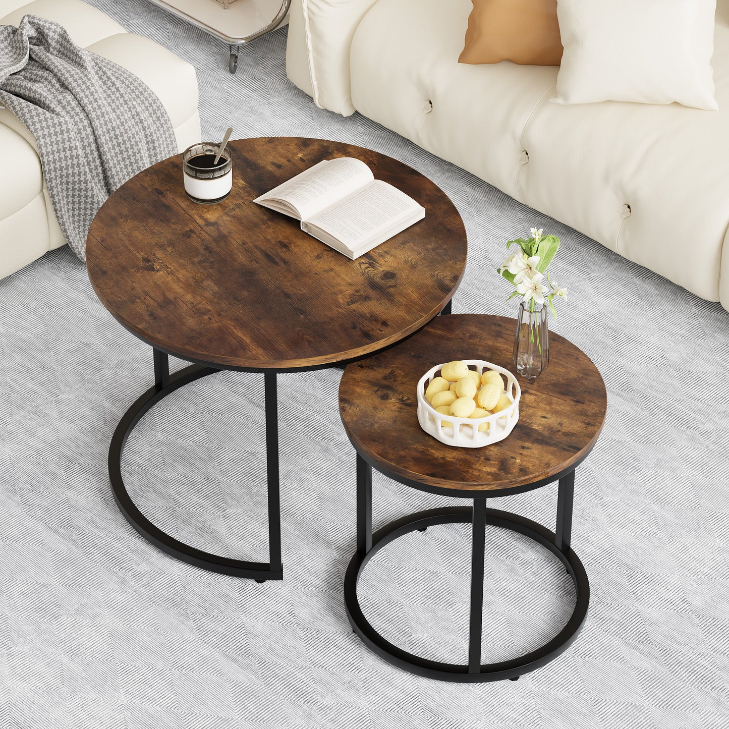 Algherohein Round Nesting Coffee Table Modern Marble Top Set of 2 for Living Room White