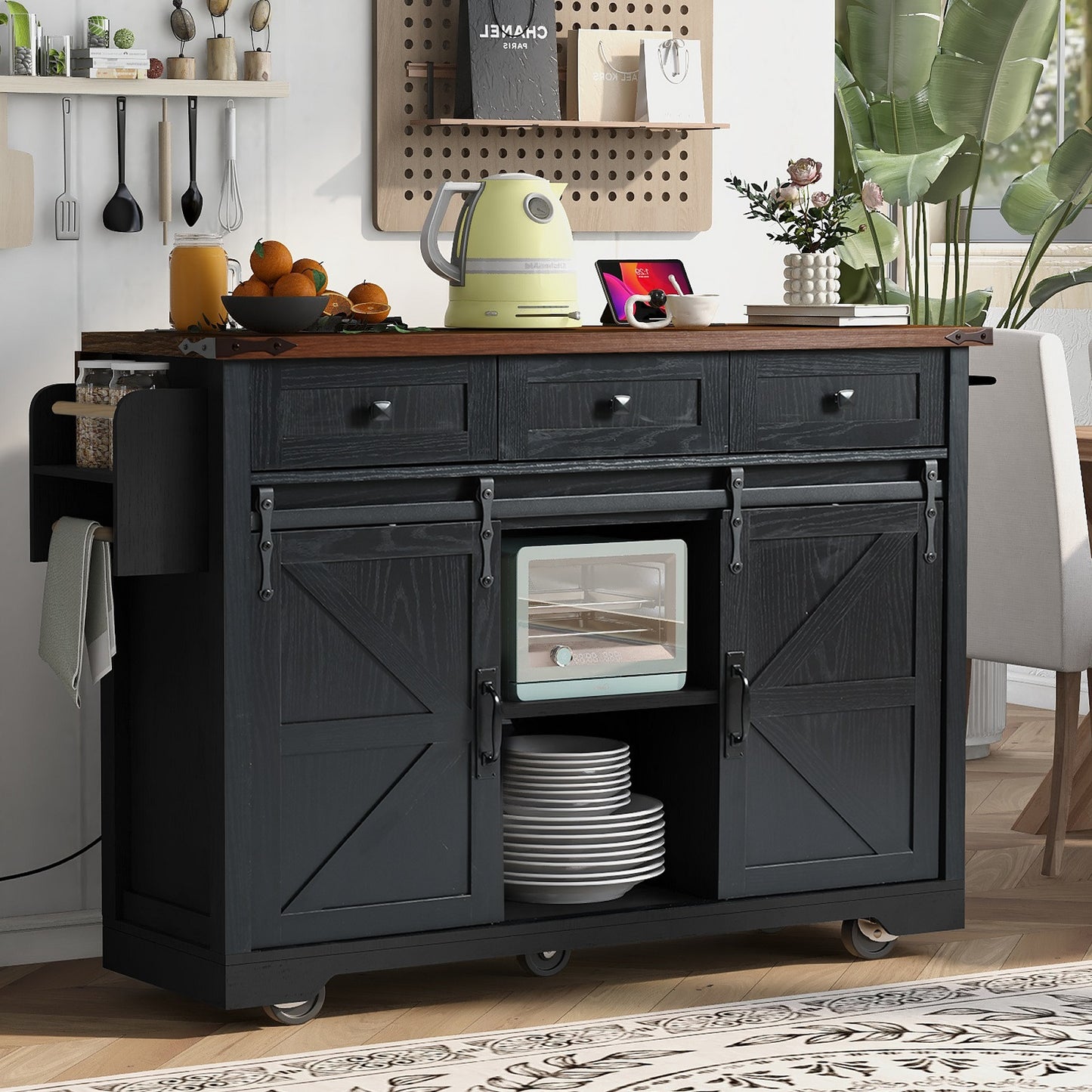 Algherohein Kitchen Island Cart with 2 Sliding Door and 3 Drawer,Storage Microwave Cart