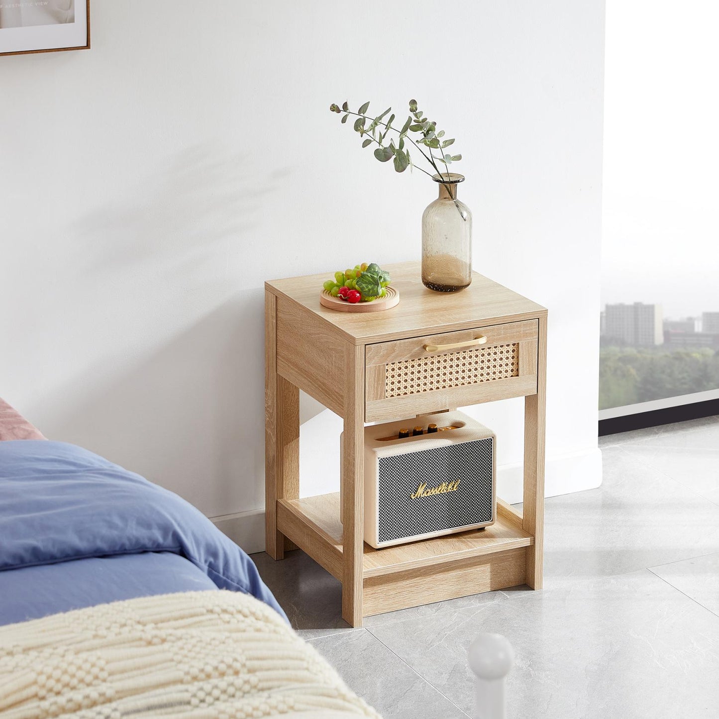 Smuxee Classic Wood Rattan Nightstand with 1 Drawer and Shelf,Side Tables for Living Room