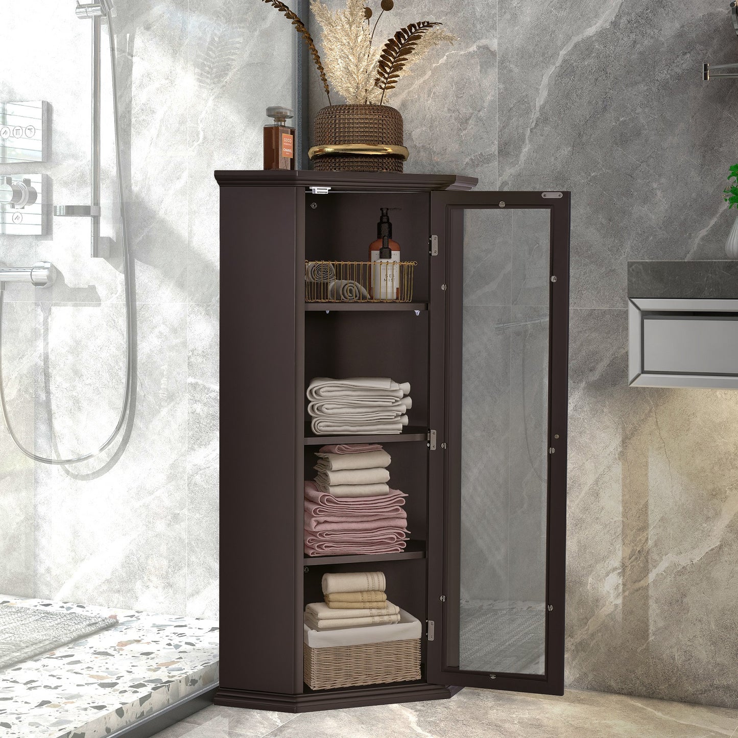 Smuxee Bathroom Corner Cabinet with 3 Shelf,Toilet Small Storage Cabinet with Glass Doors