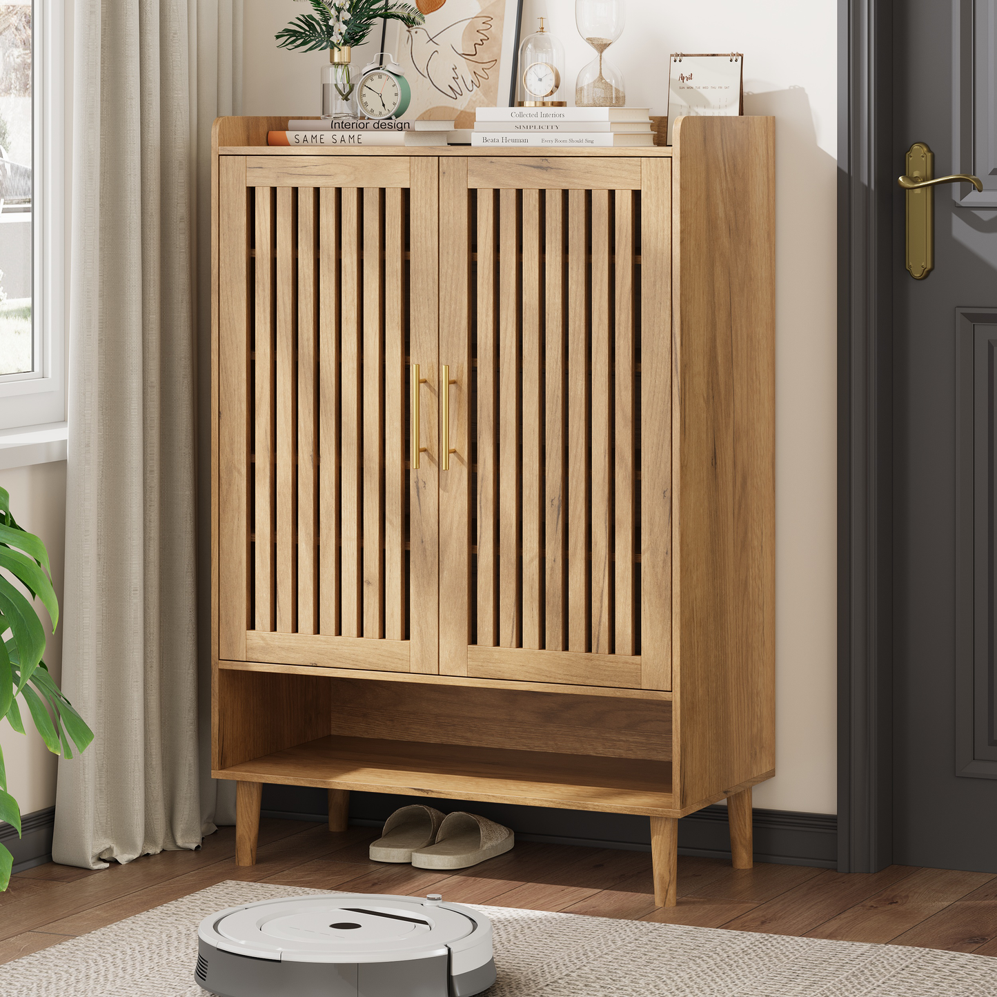 Smuxee Retro Shoe Storage Cabinet with 2 Door,Entryway Freestanding Wood Shoe Organizer for Shoes,Heels, Boots, Slippers,Walnut 31.5"W