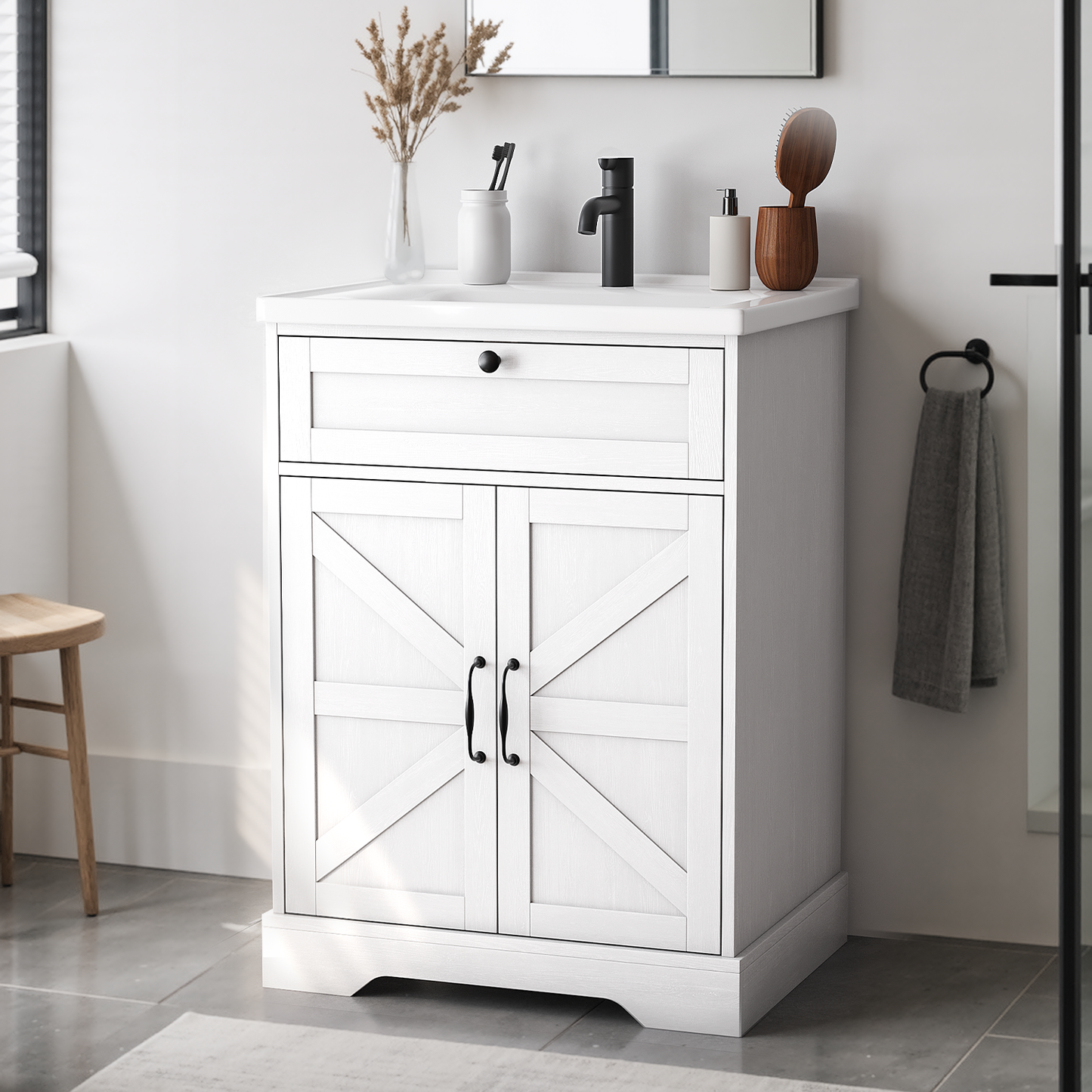 Smuxee 24" Bathroom Vanity with Integrated Sink Top, Bathroom Storage Cabinet with Flip Drawer & Doors