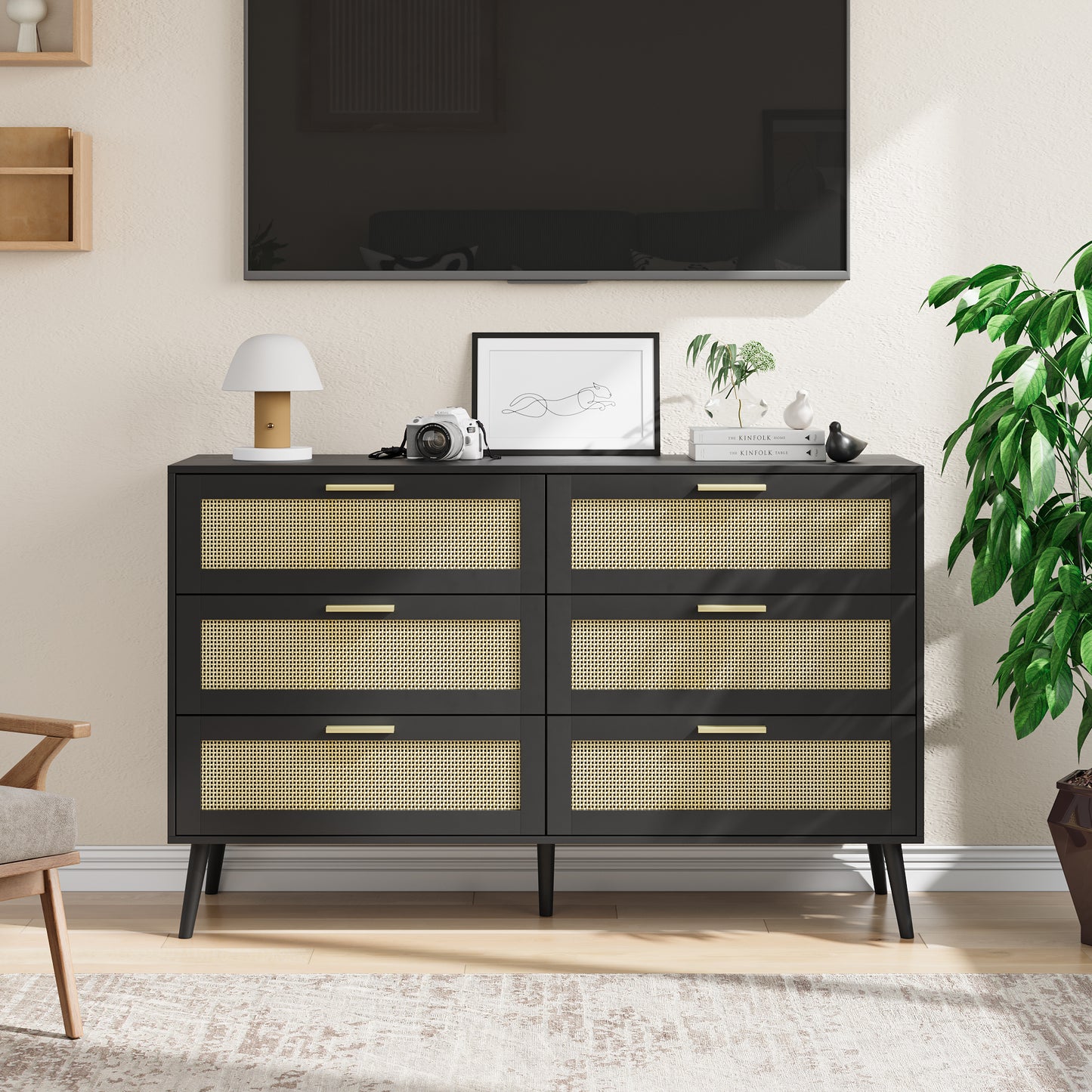 Semiocthome Modern Dressers with 6 Rattan Drawers Chest of Drawers for Bedroom