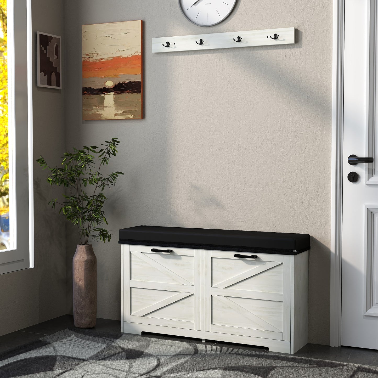 Smuxee Farmhouse Shoe Cabinet with 2 Adjustable Flip Drawer,Entryway Bench with Storage Set,White