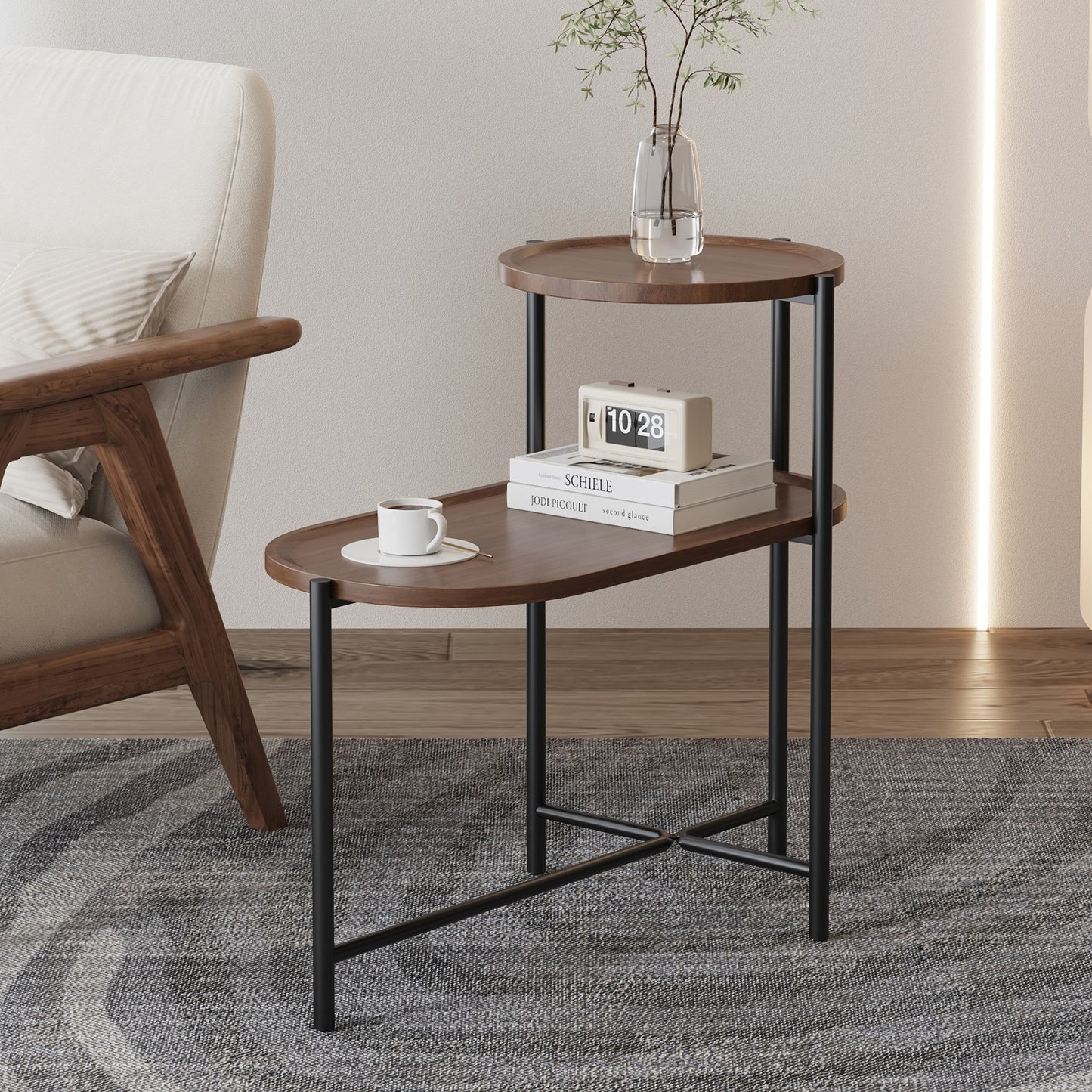 Algherohein 2 Tier Oval End Table for Living Room,Indoor Small Tray Table Side Table