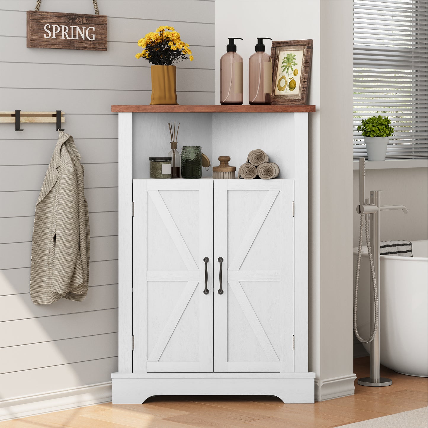 Semiocthome Farmhouse Bathroom Cabinet Corner Storage Cabinet, Barn Doors,Adjustable Shelves