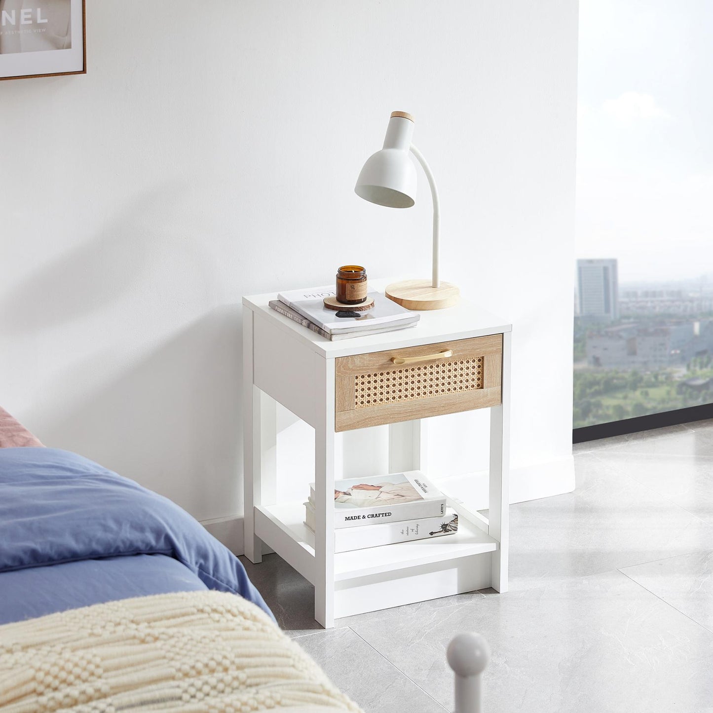 Smuxee Classic Wood Rattan Nightstand with 1 Drawer and Shelf,Side Tables for Living Room