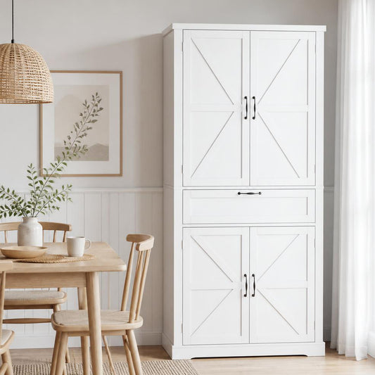 Semiocthome 67.5" Tall Kitchen Pantry Cabinet, Farmhouse Storage Cabinet with Barn Doors and Drawer, Buffet Hutch Cupboard with Adjustable Shelves for Dining Room, White