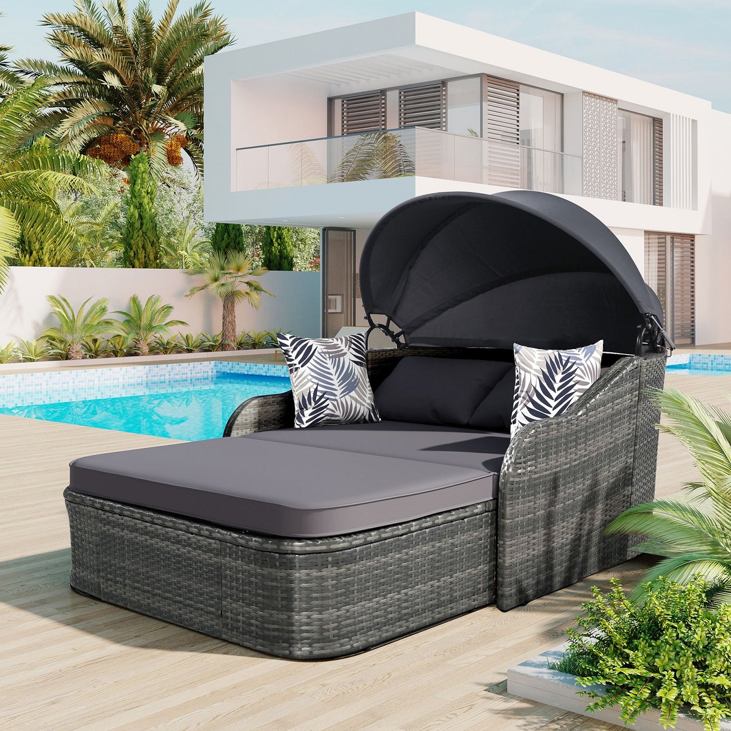 Algherohein PE Rattan Outdoor Daybed with Adjustable Canopy and Cushions,Patio Couch Bed