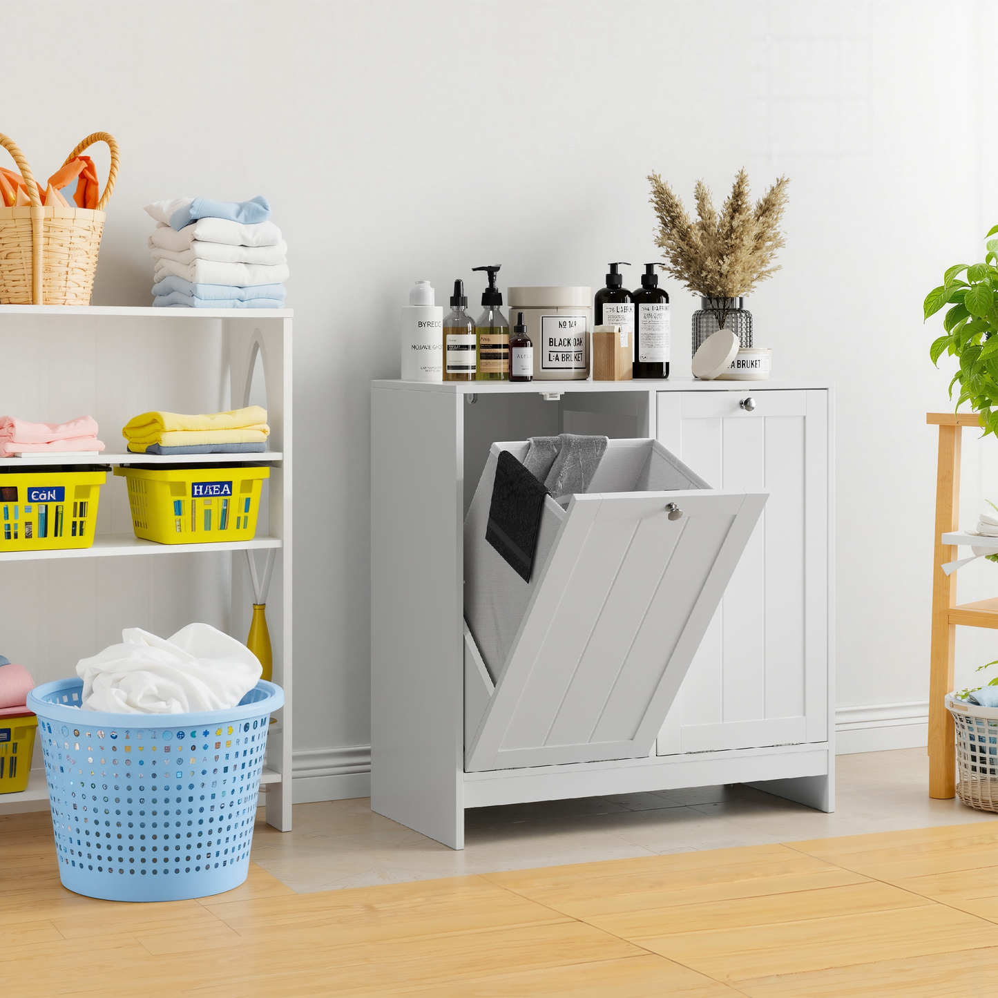 Semiocthome Laundry Hamper Cabinet with 2 Removable Baskets, Freestanding Bathroom Cabinet, White
