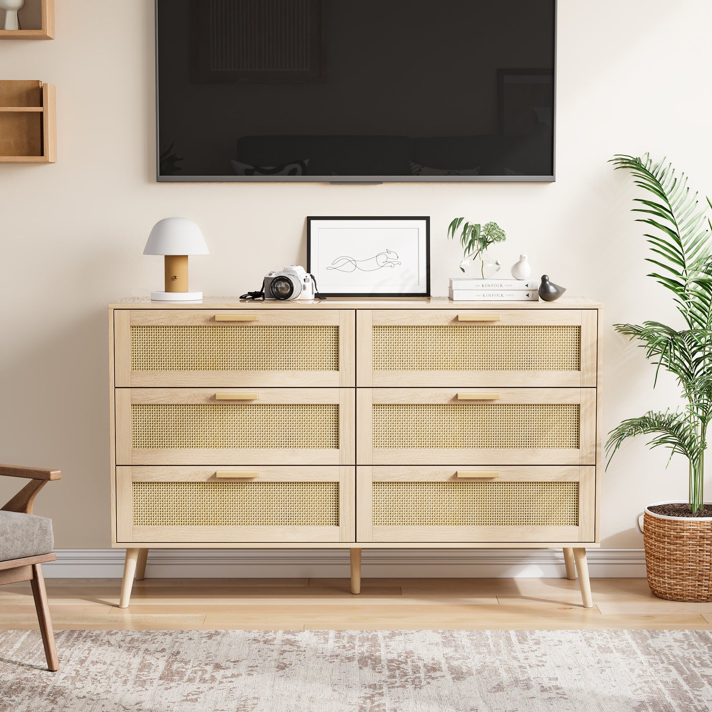 Semiocthome Modern Dressers with 6 Rattan Drawers Chest of Drawers for Bedroom