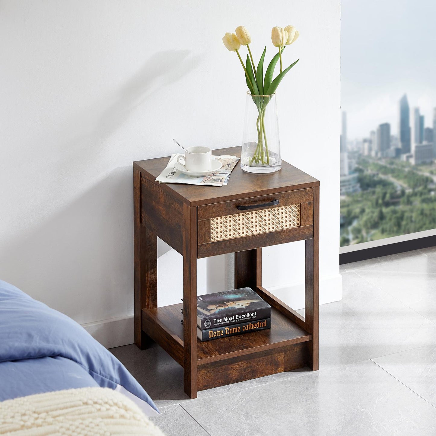 Smuxee Classic Wood Rattan Nightstand with 1 Drawer and Shelf,Side Tables for Living Room