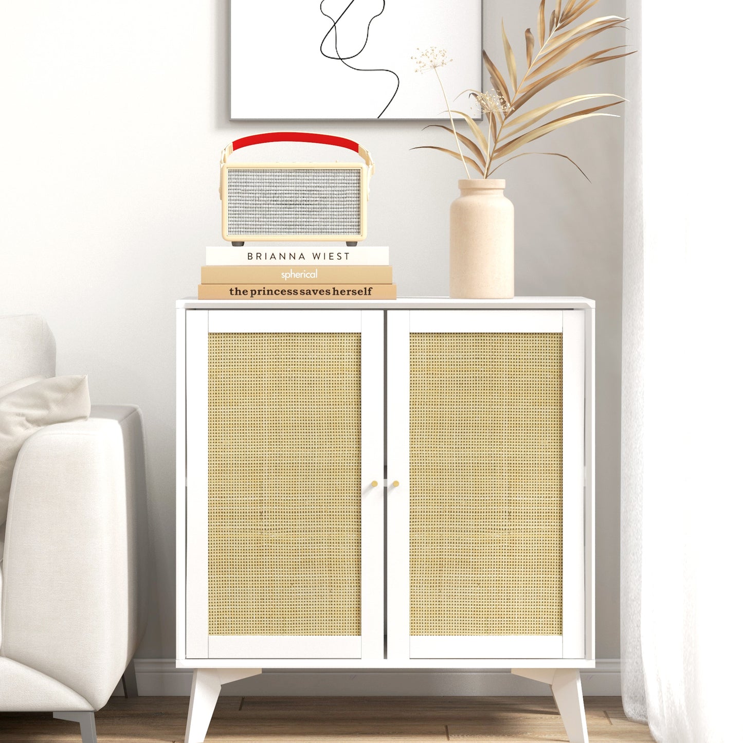 Smart FENDEE Wood Sideboard Buffet Kitchen Storage Cabinet with 2 Rattan Doors, White