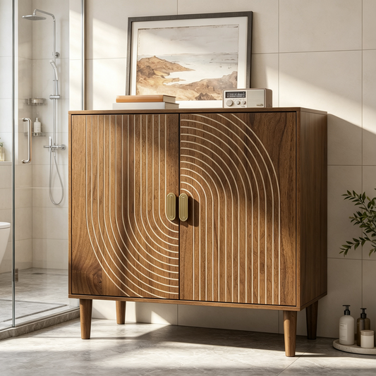 Smuxee Modern Wooden Bathroom Storage Cabinet with Carved Doors & Shelves, Freestanding Bathroom Storage Organizer,Walnut