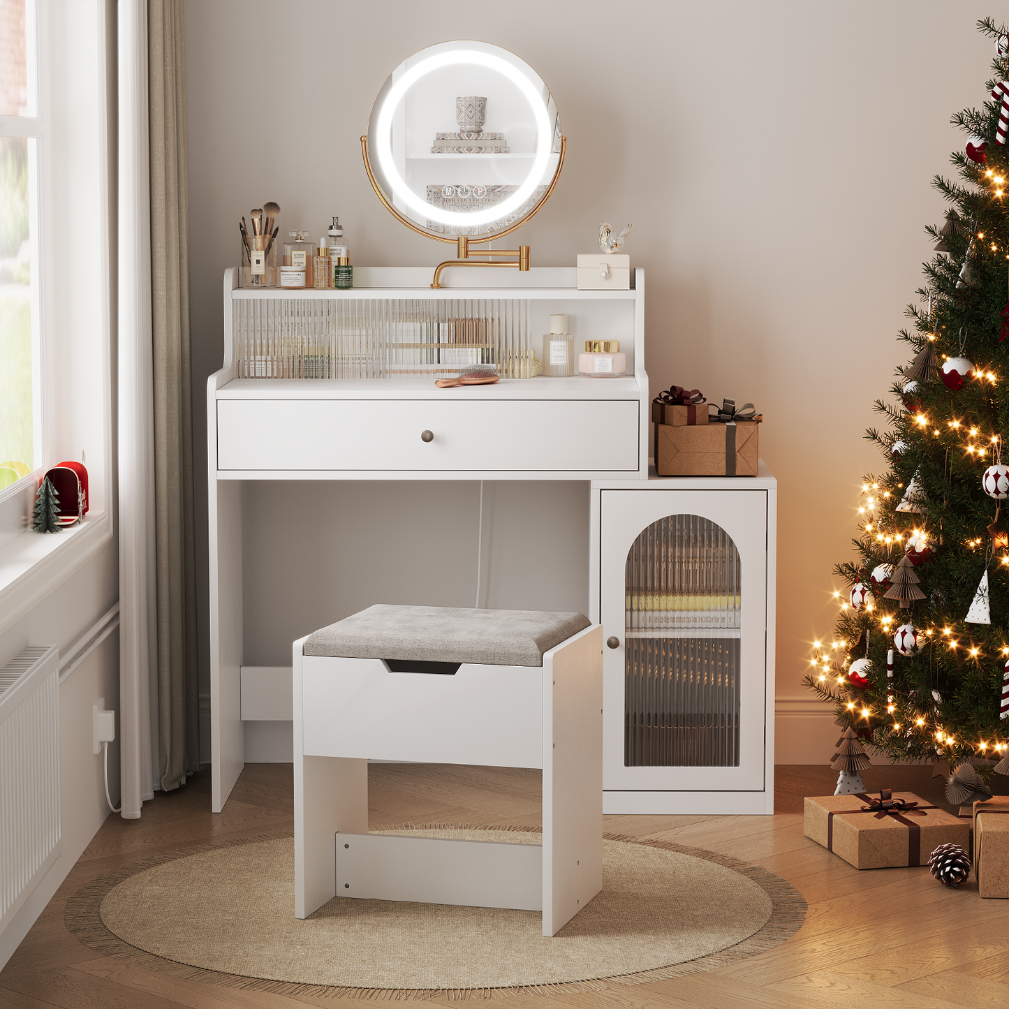 Smuxee White Vanity Set with Mirror and Lights,Makeup Vanity with Drawer and Glass Cabinet