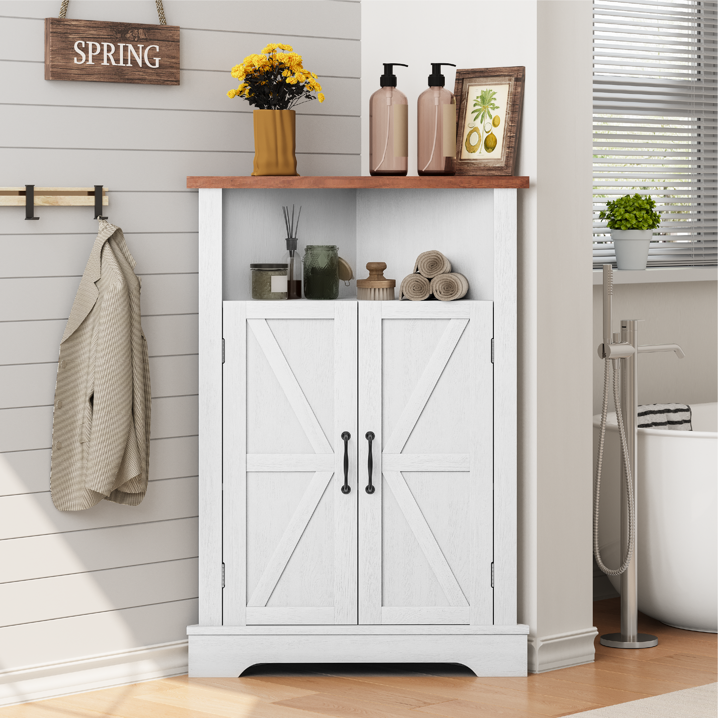 Smuxee Farmhouse Corner Bathroom Storage Cabinet, Freestanding Triangle Linen Organizer Cabinet with Barn Doors & Adjustable Shelves for Laundry Room