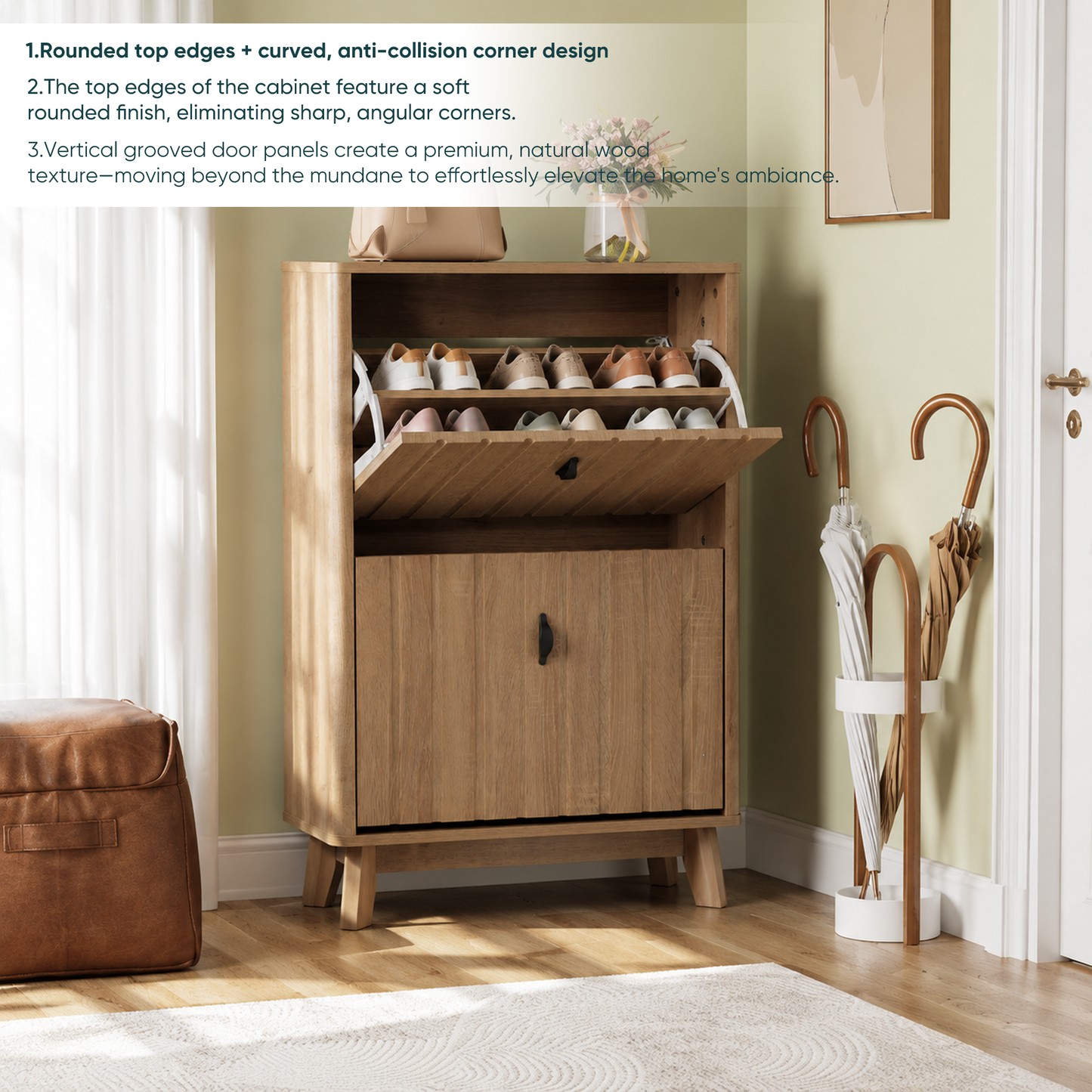 Semiocthome Modern Shoe Cabinet with 2 Flip Drawers Hidden Narrow Shoe Storage for Entryway, Oak