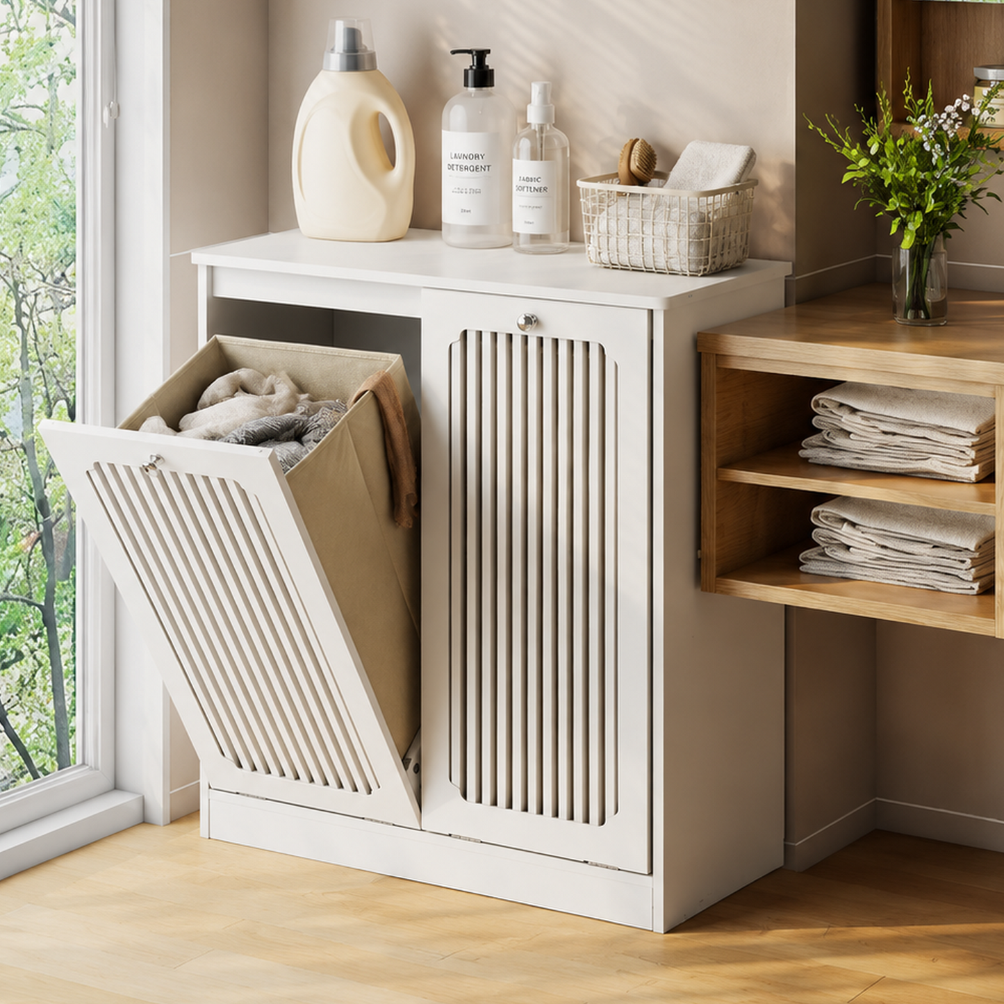 Semiocthome Bathroom Cabinet Laundry Basket Cabinet with Slatted Door and Adjustable Shelf, Laundry Room, Bedroom, White