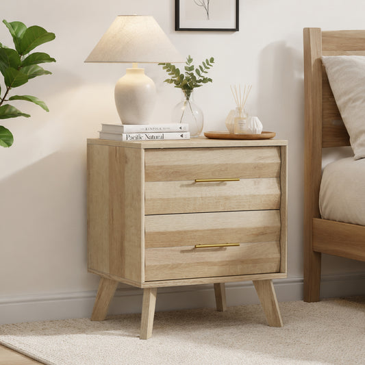 Algherohein Modern Wavy Panel Nightstand, Stable Wood Bedside Table with Gold Hardware for Bedroom Organization