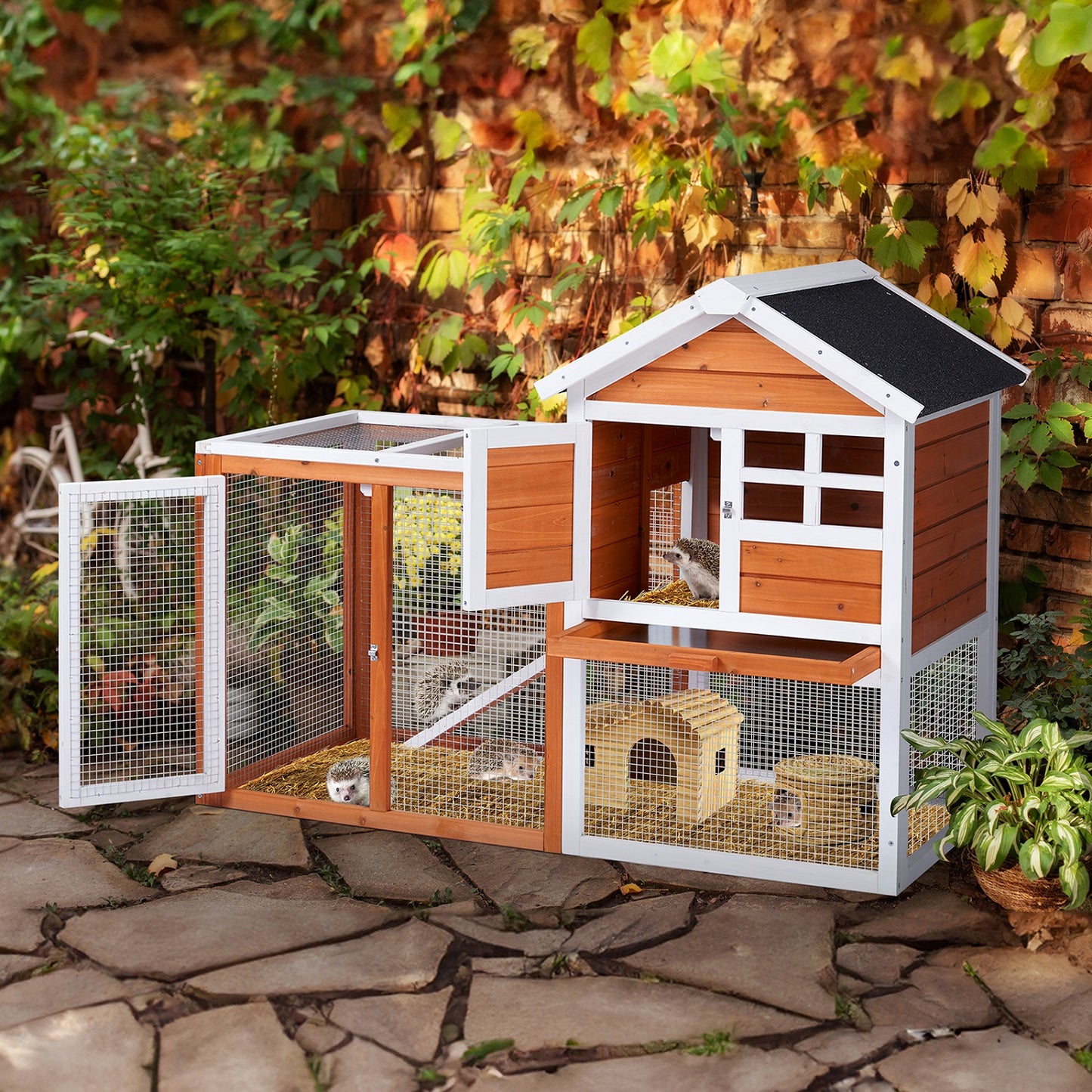 Algherohein Wood and Chicken Wire Hen Chicken Coop Rabbit Hutch Kennels House,Outdoor Nest Box,Brown
