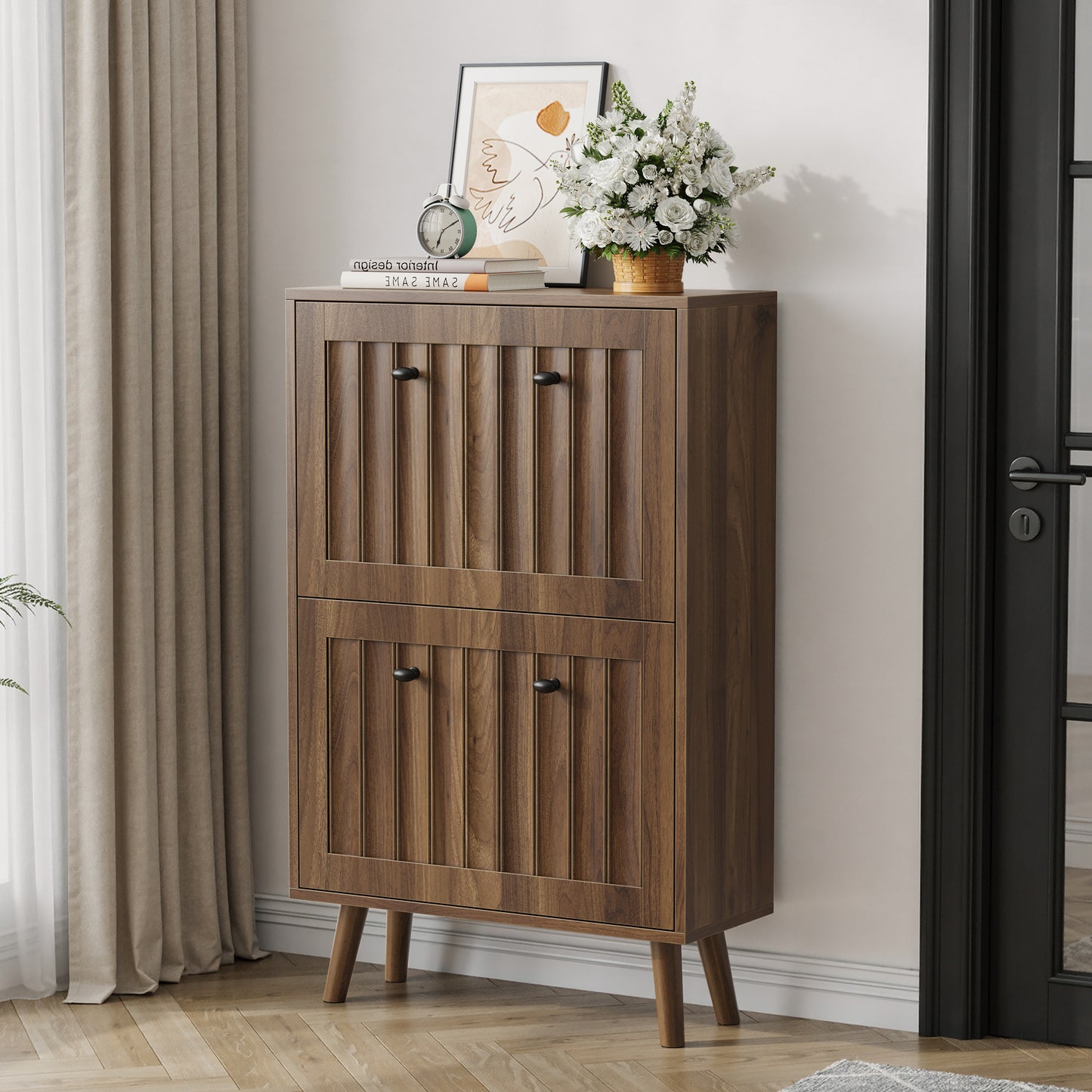 Semiocthome 23.6" Shoe Cabinet with 2 Flip Drawers, Farmhouse Shoe Rack for Entryway ,Walnut