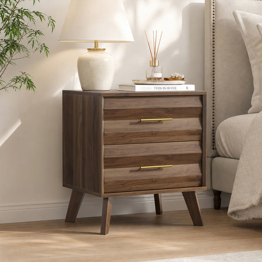 Semiocthome Nightstand with 2 Drawers and Unique 3D Fluted Design, Bedside Table for Bedroom, Walnut