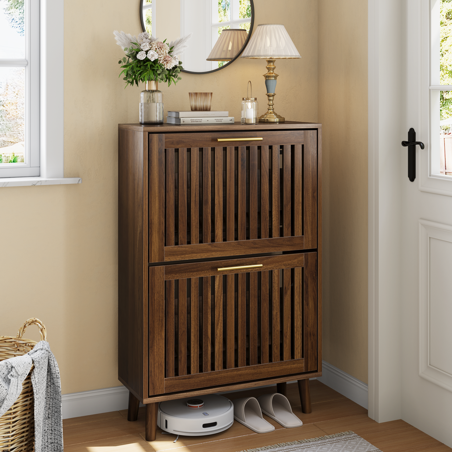 Smuxee Modern Shoe Cabinet with Closet Storage Flip Drawers,Shoe Storage Cabinet for Entryway,Walnut