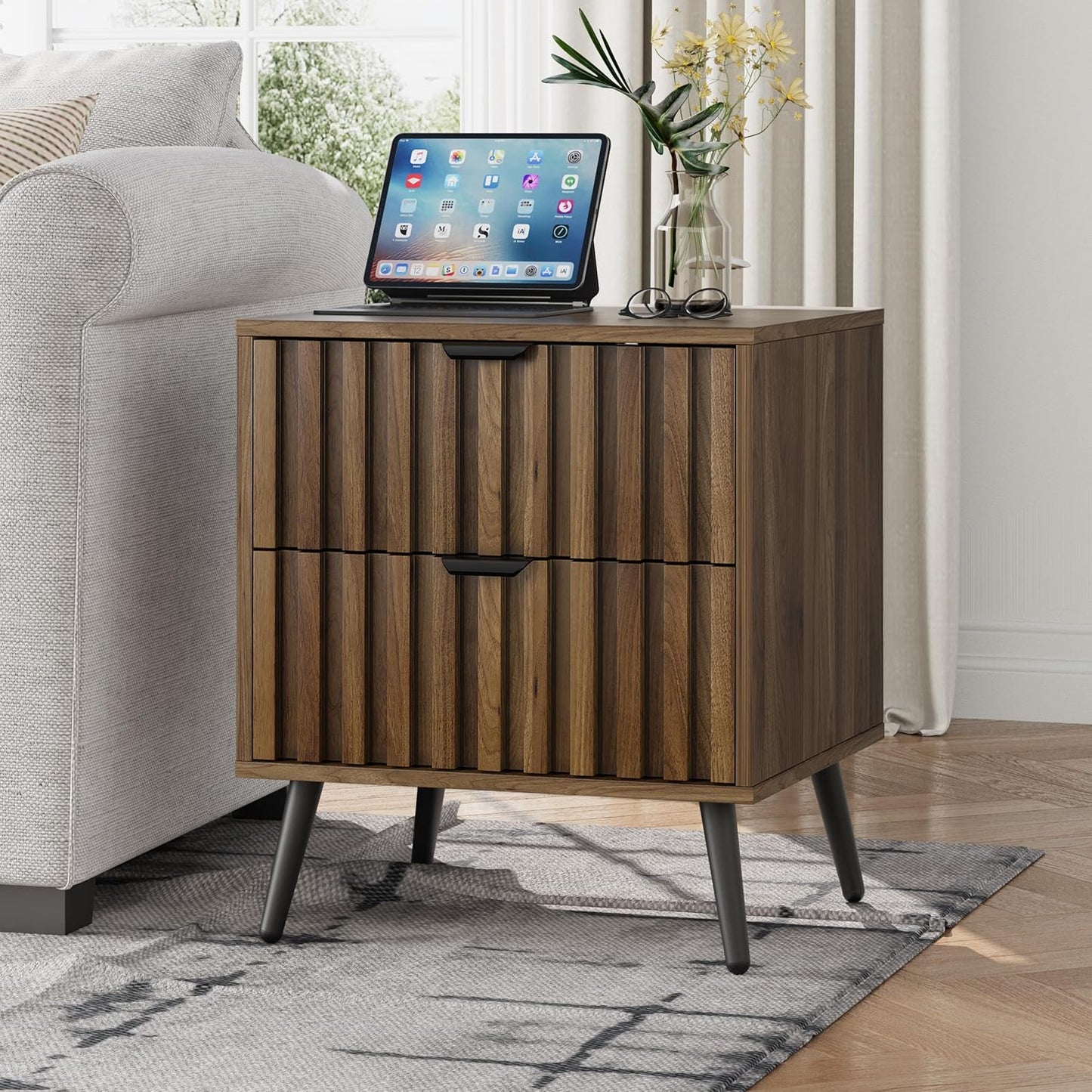Semiocthome Mid Century Nightstand with 2 Drawers,Bedside Table for Bedroom,Walnut,Adult