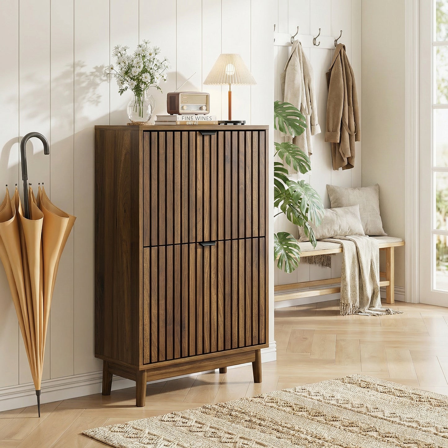 Semiocthome Modern Slim Space Saving Shoe Cabinet 2 Flip Down Slatted Doors 15 Pair Capacity Walnut 23.6 Inch Width