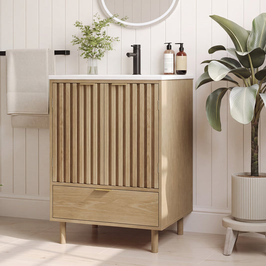 Semiocthome 24" Bathroom Vanity with Ceramic Sink, Storage Cabinet with Drawers and 2 Fluted Doors, Natural