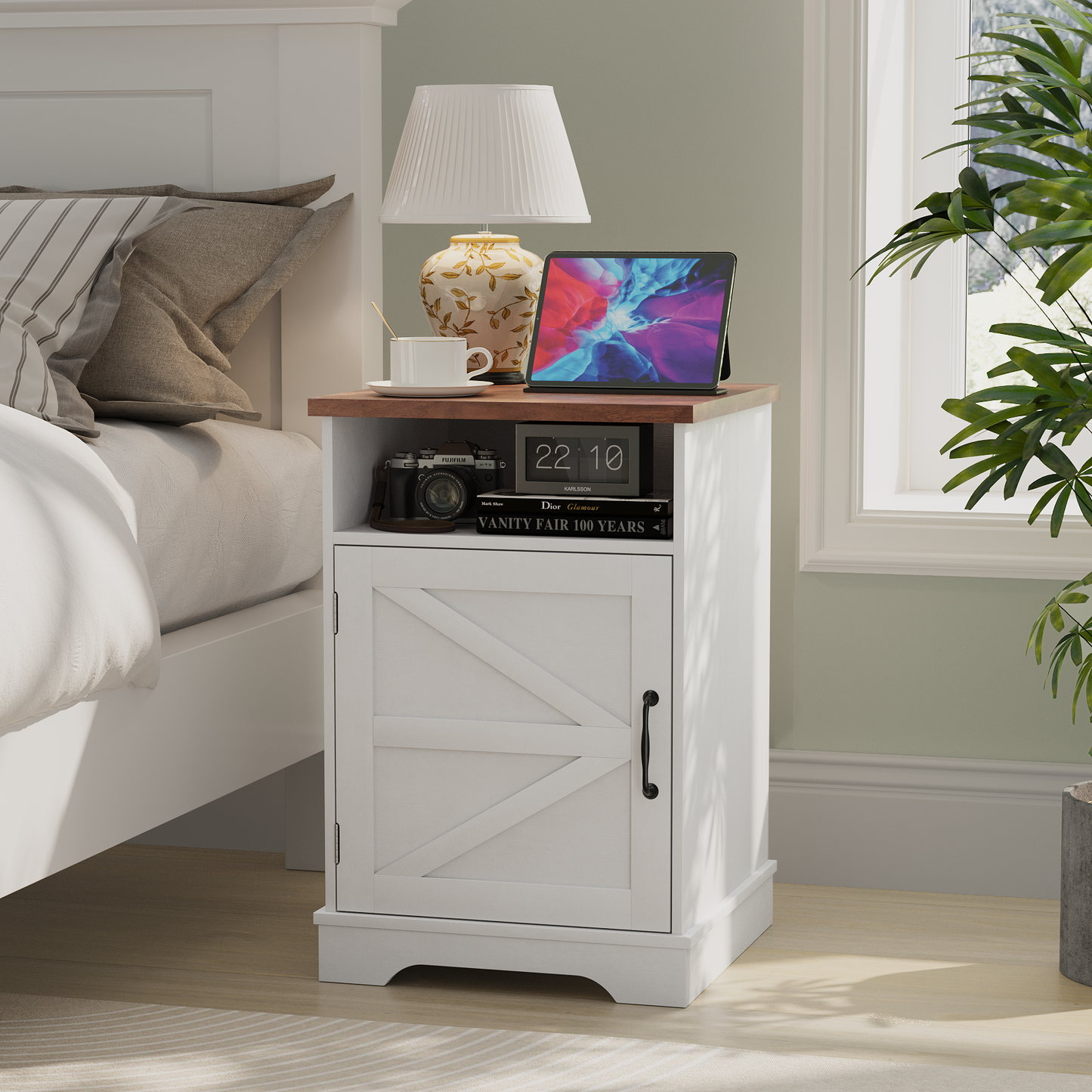 Semiocthome Farmhouse Nightstand with Charging Station and Barn Door,Bedside Table for Bedroom