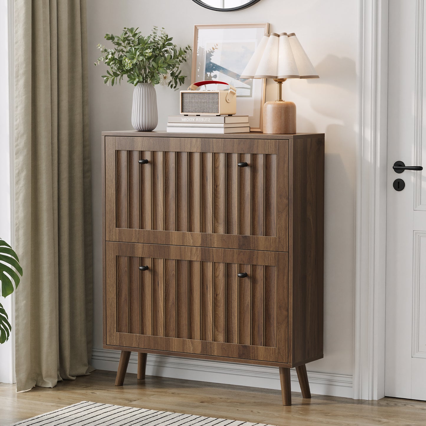 Semiocthome 31.5" Shoe Cabinet with 2 Flip Drawers, Farmhouse Shoe Rack for Entryway ,Walnut