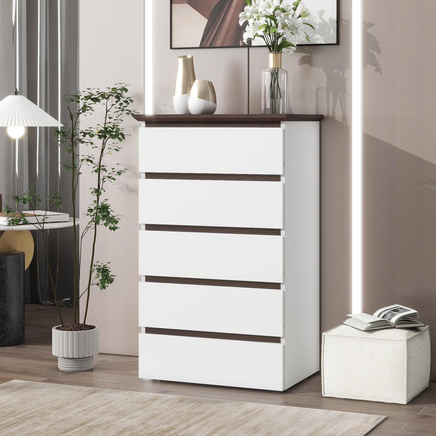 Semiocthome Modern Dresser with 5 Drawers Chest of Drawers for Bedroom, White, 39.37" Tall