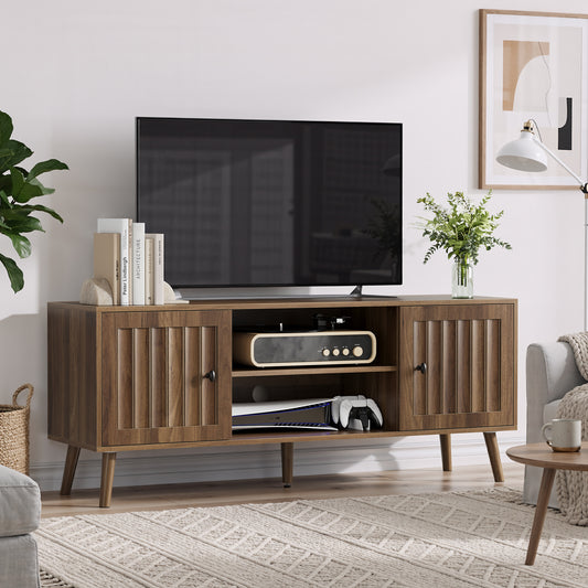 Semiocthome Mid-Century Walnut TV Stand with 2 Vertical Groove Doors, Media Console for Living Room