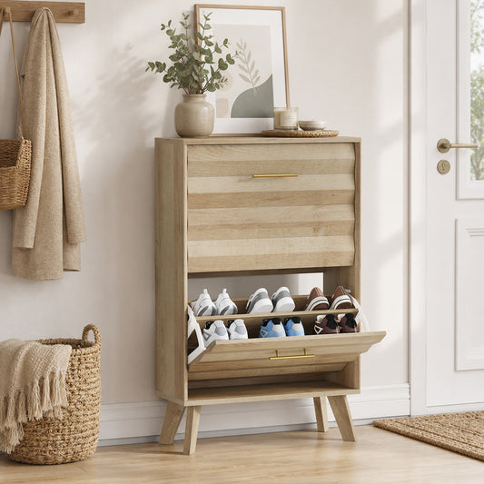 Semiocthome Mid-Century Shoe Cabinet, Shoe Storage with 2 Wavy Texture Drawers for Hallway, Natural