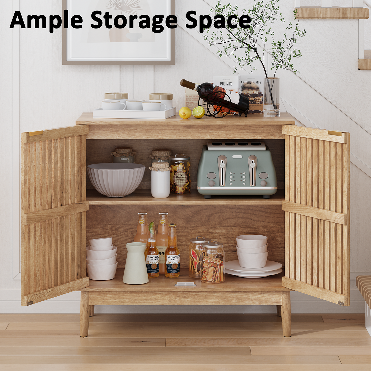 Semiocthome 31.5” Buffet Cabinet with 2 Slatted Doors and Adjustable Shelf for Kitchen, Natural