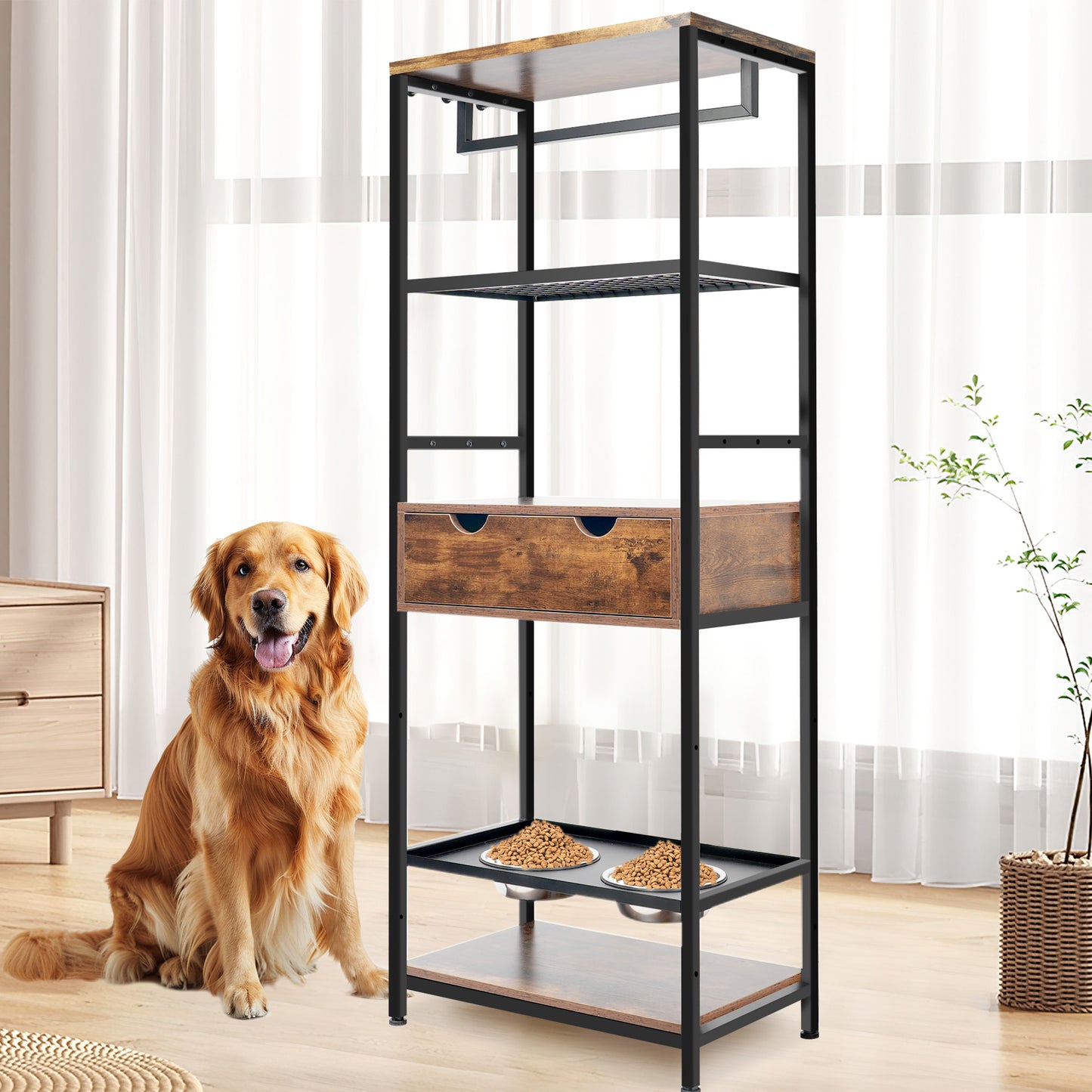 Smart FENDEE Dog Feeder Station with 3 Adjustable Raised Dog Bowls and Shelves for Living Room,Brown