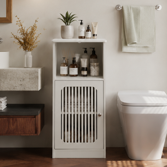 Semiocthome Bathroom Storage Cabinet, Floor Cabinet Organizer with Slatted Door and Adjustable Shelf, Bathroom, White