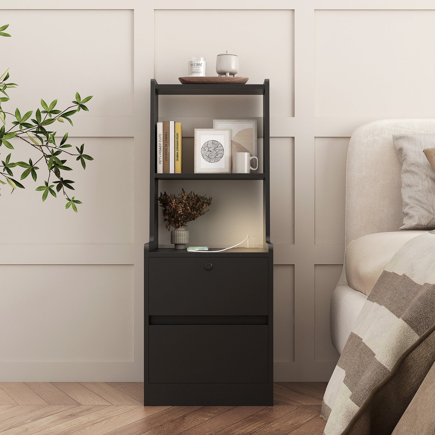 Algherohein Tall Nightstand with Charging Station and Night Light,End Tables with 2 Drawers