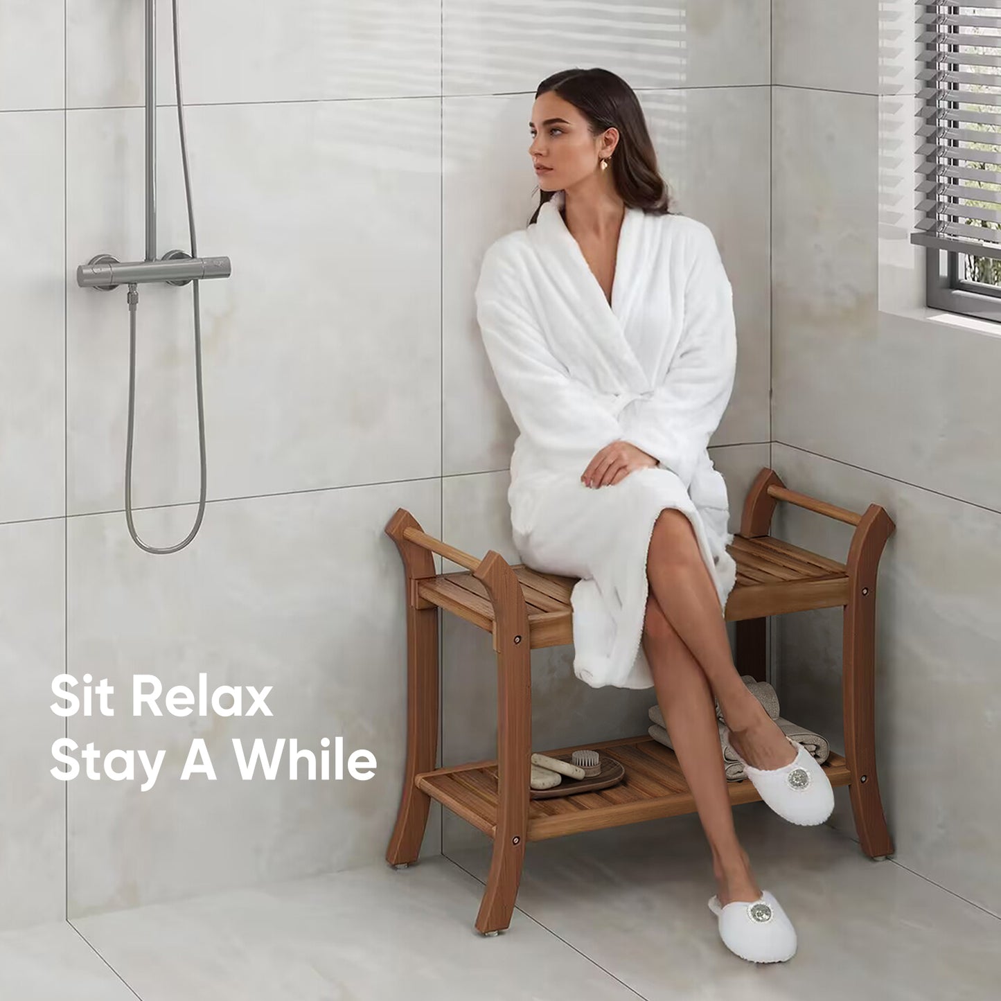 Smuxee Teak Shower Chair,Waterproof Bathroom Shower Stool