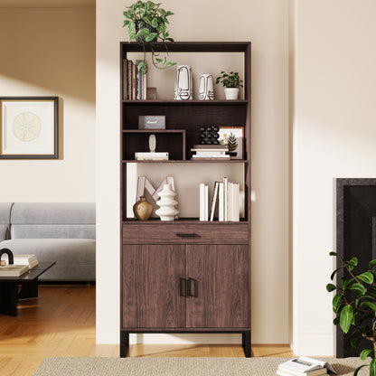 Semiocthome 75.9" Wooden Bookcase with Storage Doors and drawer Display Rack for Living Room,Brown