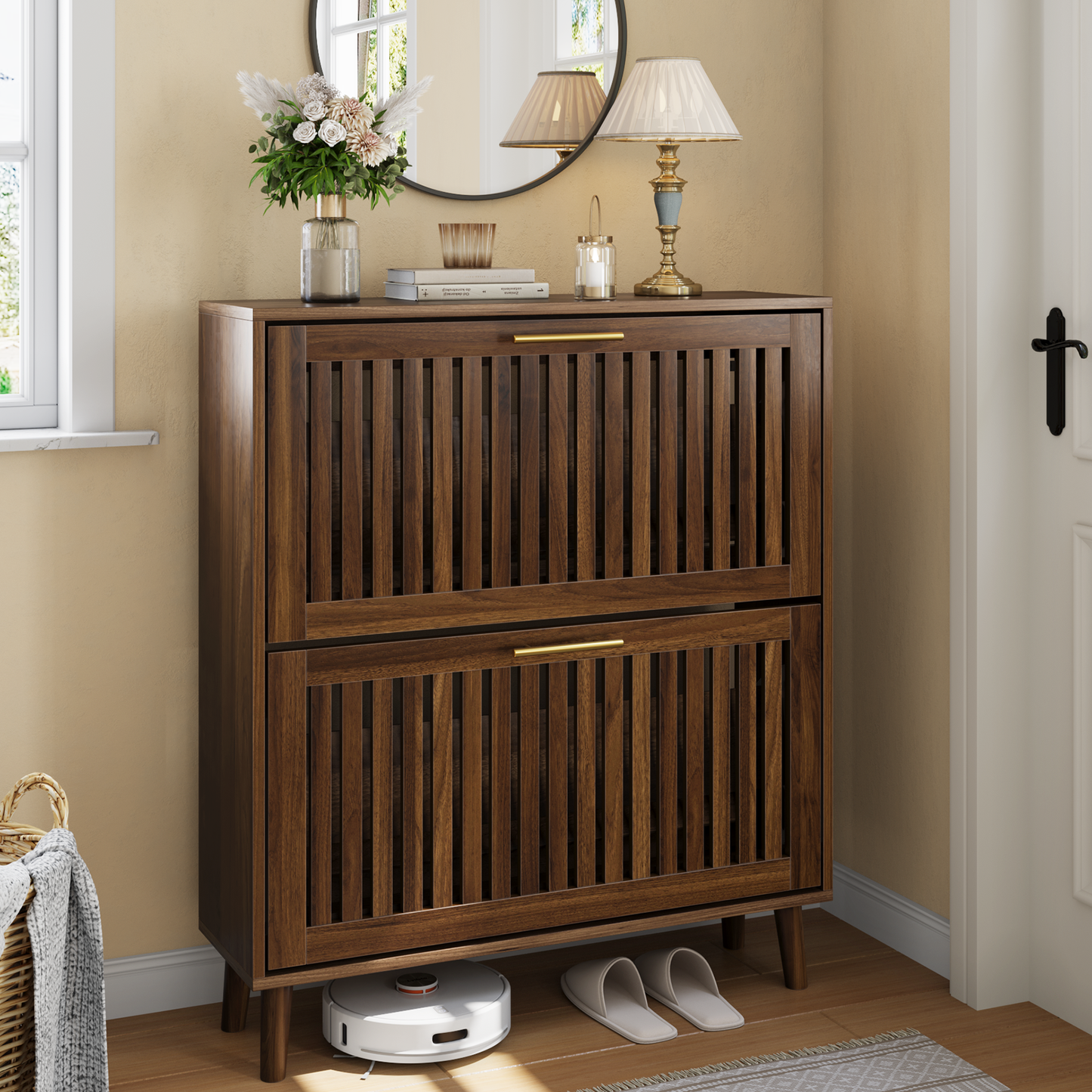 Smuxee Modern Shoe Cabinet with Closet Storage Flip Drawers,Shoe Storage Cabinet for Entryway,Walnut