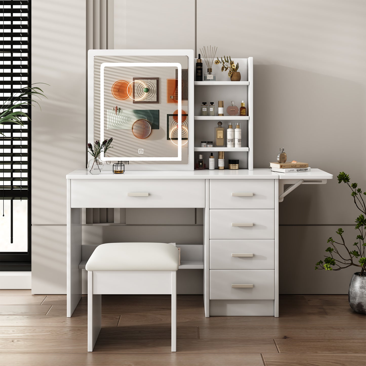Smart FENDEE Modern Vanity Table Set with Mirror Lights, 5 Shelves,5 Drawers,Bedroom,White