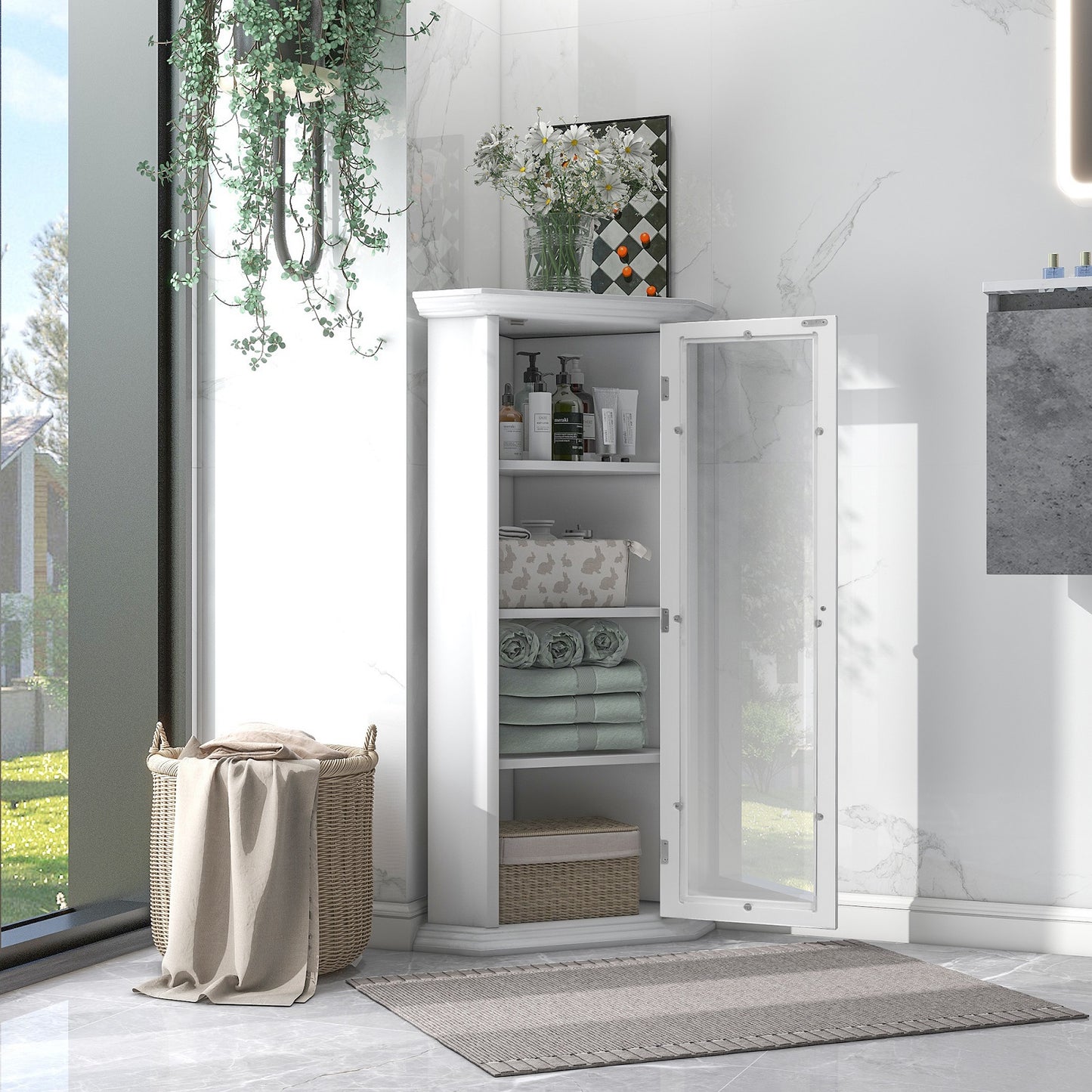 Smuxee Bathroom Corner Cabinet with 3 Shelf,Toilet Small Storage Cabinet with Glass Doors