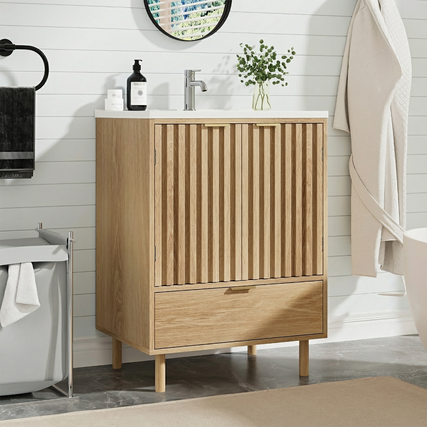 Semiocthome 24" Bathroom Vanity with Ceramic Sink, Storage Cabinet with Drawers and 2 Fluted Doors, Natural