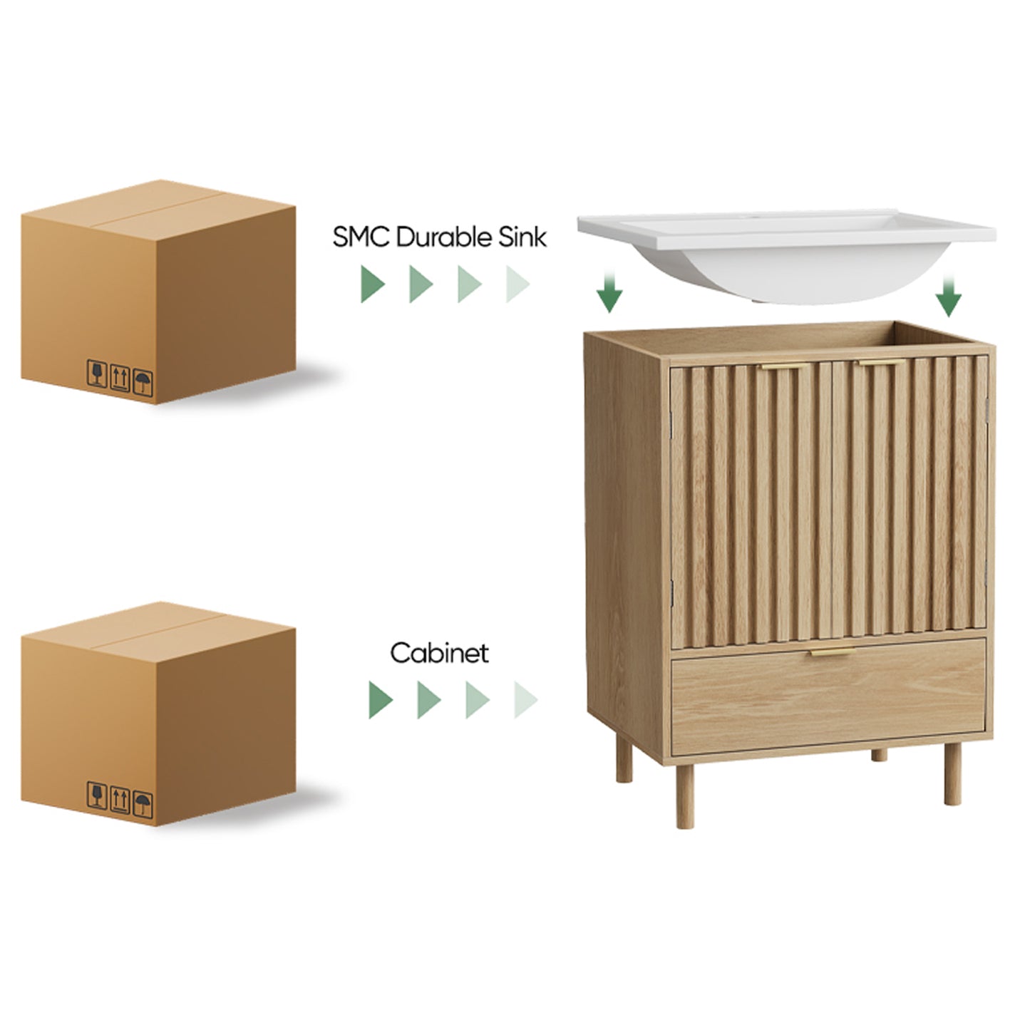 Semiocthome 24" Bathroom Vanity with Ceramic Sink, Storage Cabinet with Drawers and 2 Fluted Doors, Natural
