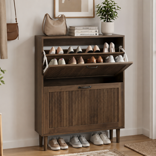 Semiocthome Shoe Cabinet Small Fluted Doors 2 Flip Drawers Entryway Walnut 31.5"
