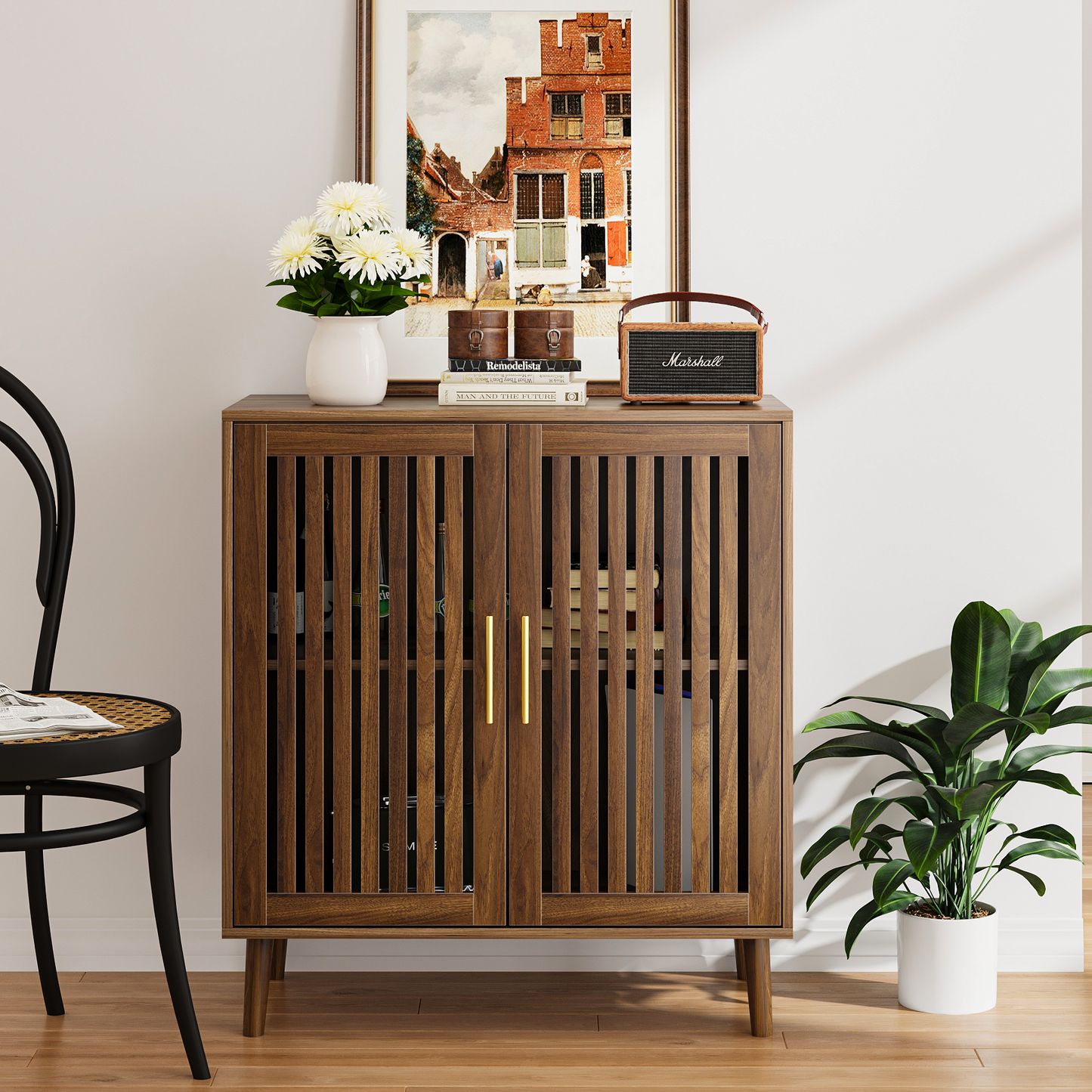 Semiocthome Buffet Cabinet with Storage, 35" Tall Sideboard with 2 Slatted Doors and Adjustable Shelf,  Coffee Bar for Dining Room, Kitchen, Walnut