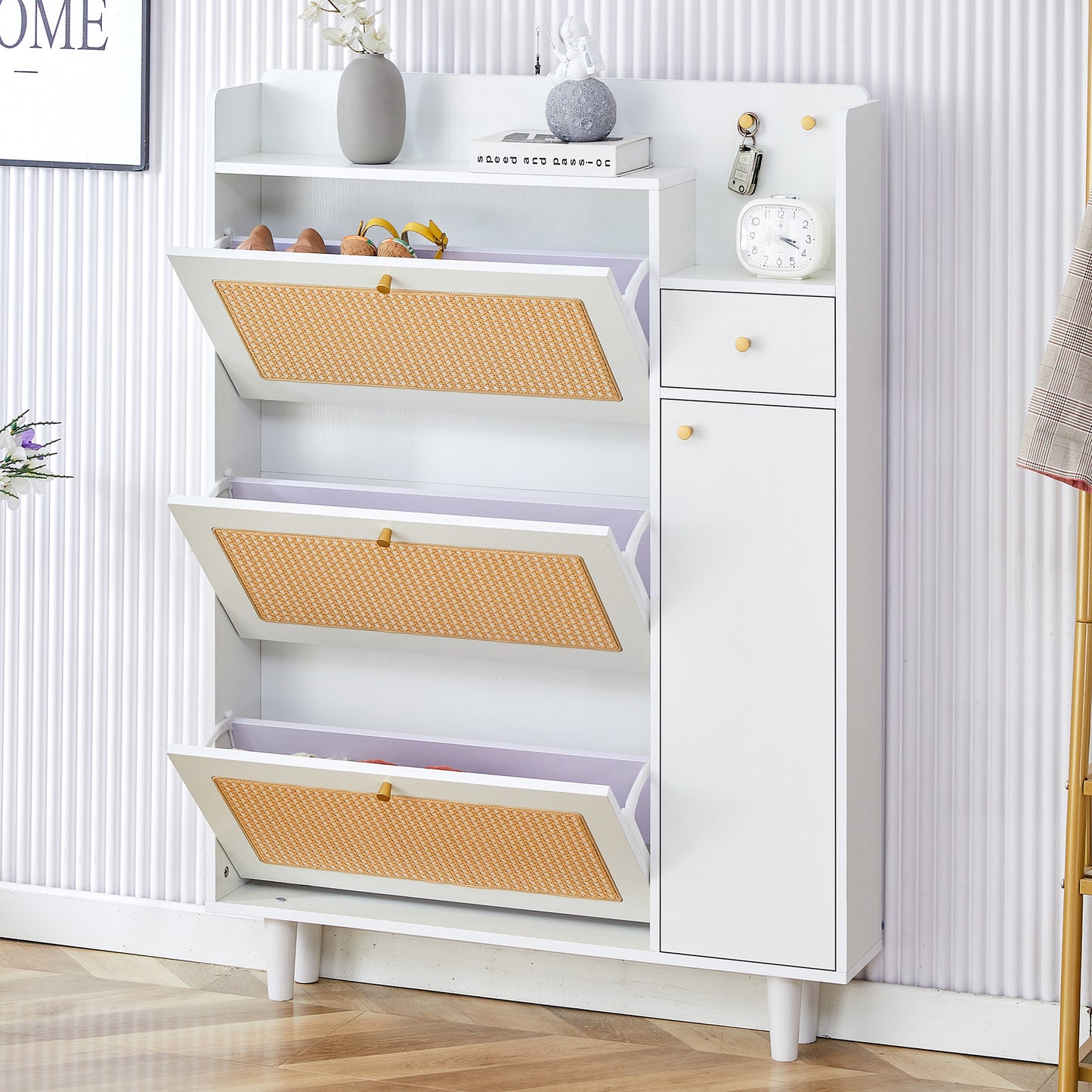 Smart FENDEE Modern Shoes Cabinet with 2 Rattan Flip Drawers for Entryway